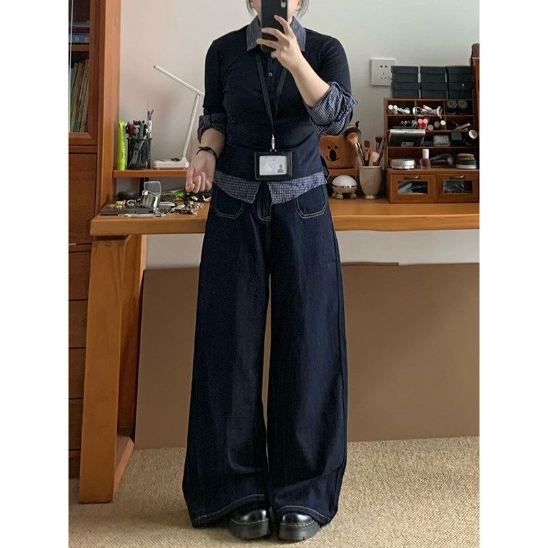

150kg Plus-Size Dark Blue Wide-Leg Jeans for Women, New Spring Style, Loose Fit, Slimming Straight-Leg Floor-Length Pants Blue 2XL