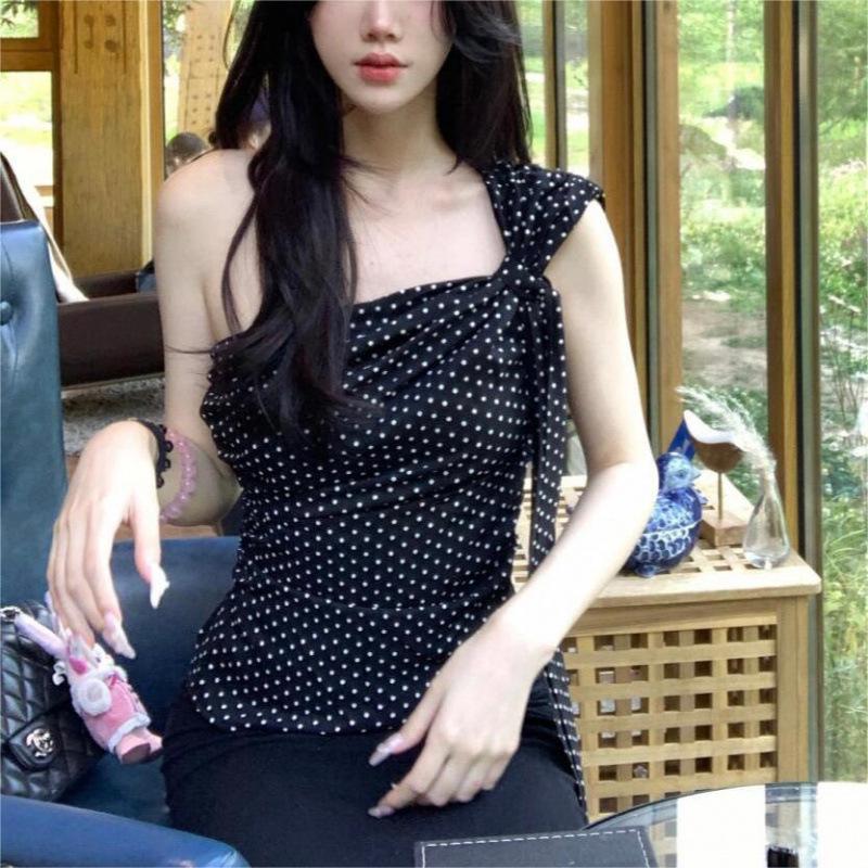 2024 Summer Polka Dot Chiffon Off-Shoulder Camisole - Slim Fit Sexy Style Women's Top