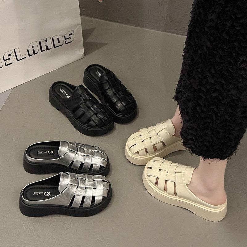 

Baotou half slippers women s summer new outer wear woven hollow shoes square head retro Maillard women s sandals 35