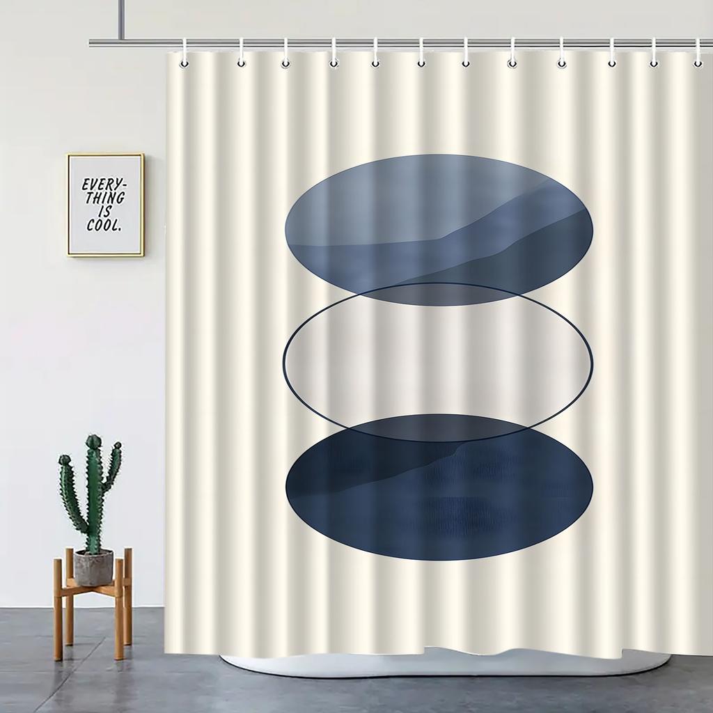 Single Panel Modern Geometric Shower Curtain - Navy & White Circular Pattern, Polyester Fabric with 12 Hooks, Machine Washable