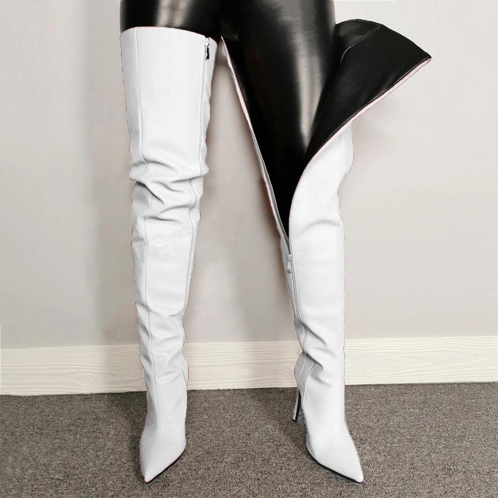 Thin Heels Boots Autumn and Winter Women Polychrome Over The Knee Boot Sexy  Pointed Toe PU Side Zipper Large Size Women Shoes
