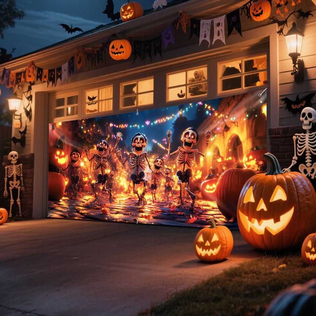 One large Halloween garage door banner - featuring dancing skulls and glowing pumpkin lanterns designzyc