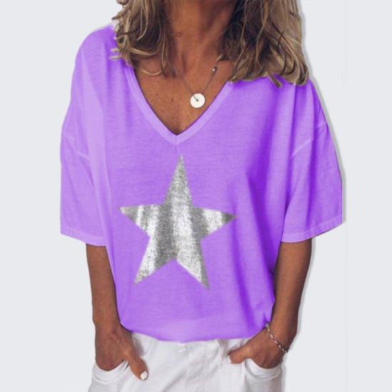 Letní dámské tričko plus size s hvězdicovým výstřihem do V a krátkým rukávem, jednobarevný volný top