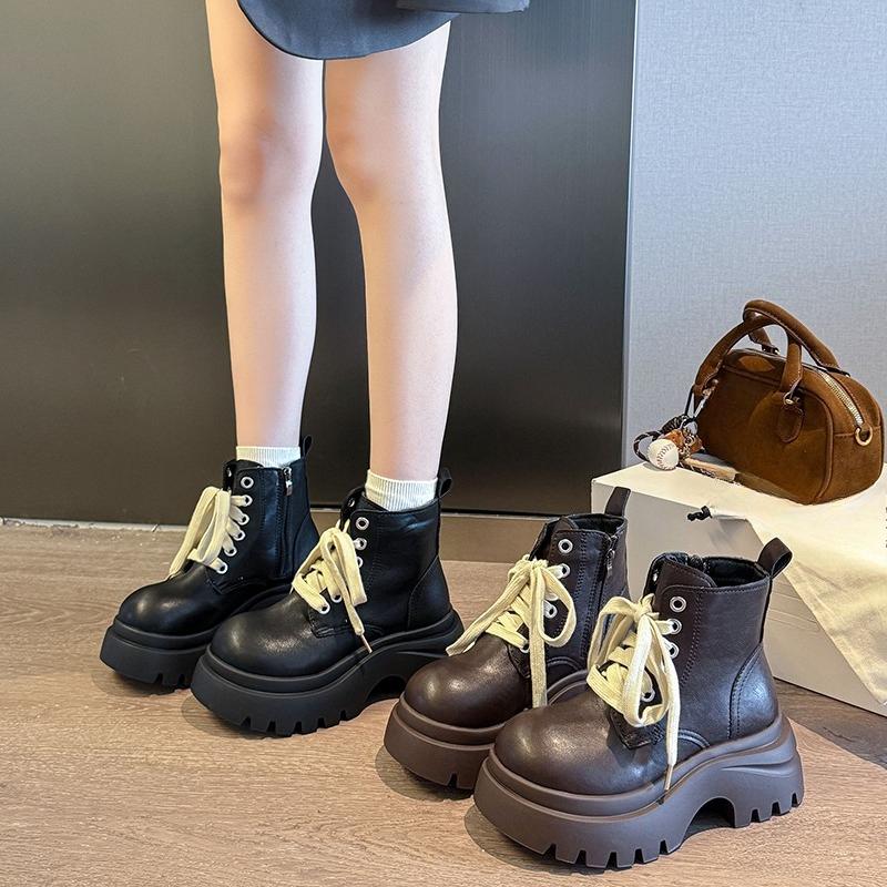 Stiefeletten mit seitlichem Reißverschluss Herbst Neu Runde Zehenpartie Schnürung vorne Plateau Rutschfest Abriebfest Einzelne Schuhe