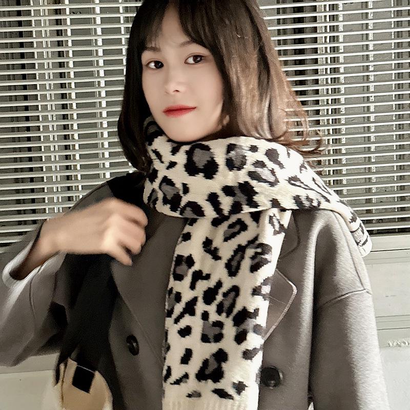 Korean Style Leopard Print Knit Scarf - Versatile Autumn/Winter Neck Warmer for Girls