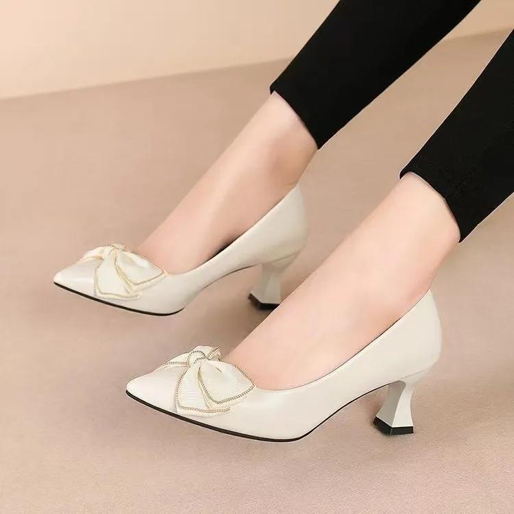 Women Fashion Sweet Light Weight Bow Tie Spring Slip On Stiletto Heel Shoes for Office Lady Elegant Black Pumps Ab535