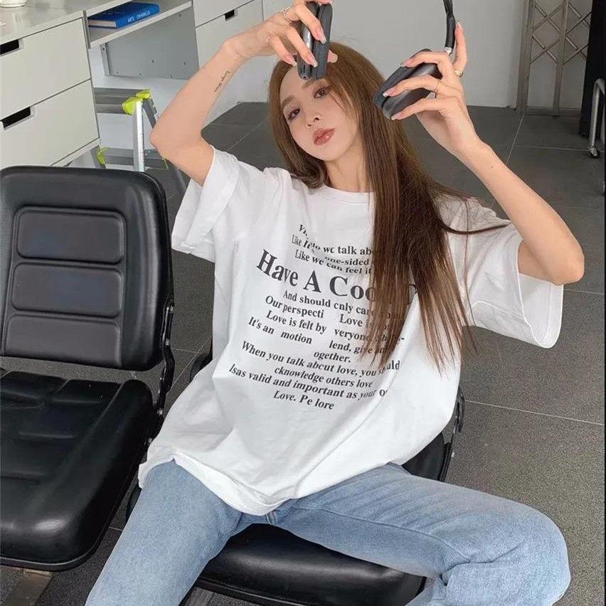 

Черная футболка с коротким рукавом из чистого хлопка для женщин в корейском стиле свободного кроя XL (116-130 lbs)