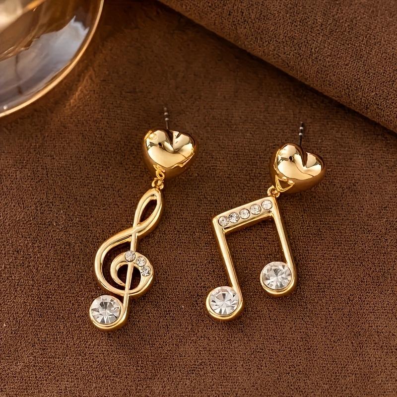 Coppia di Orecchini Pendenti Moda Tendenza Oro Asimmetrici Inlaid di Strass a Forma di Cuore Nota Musicale