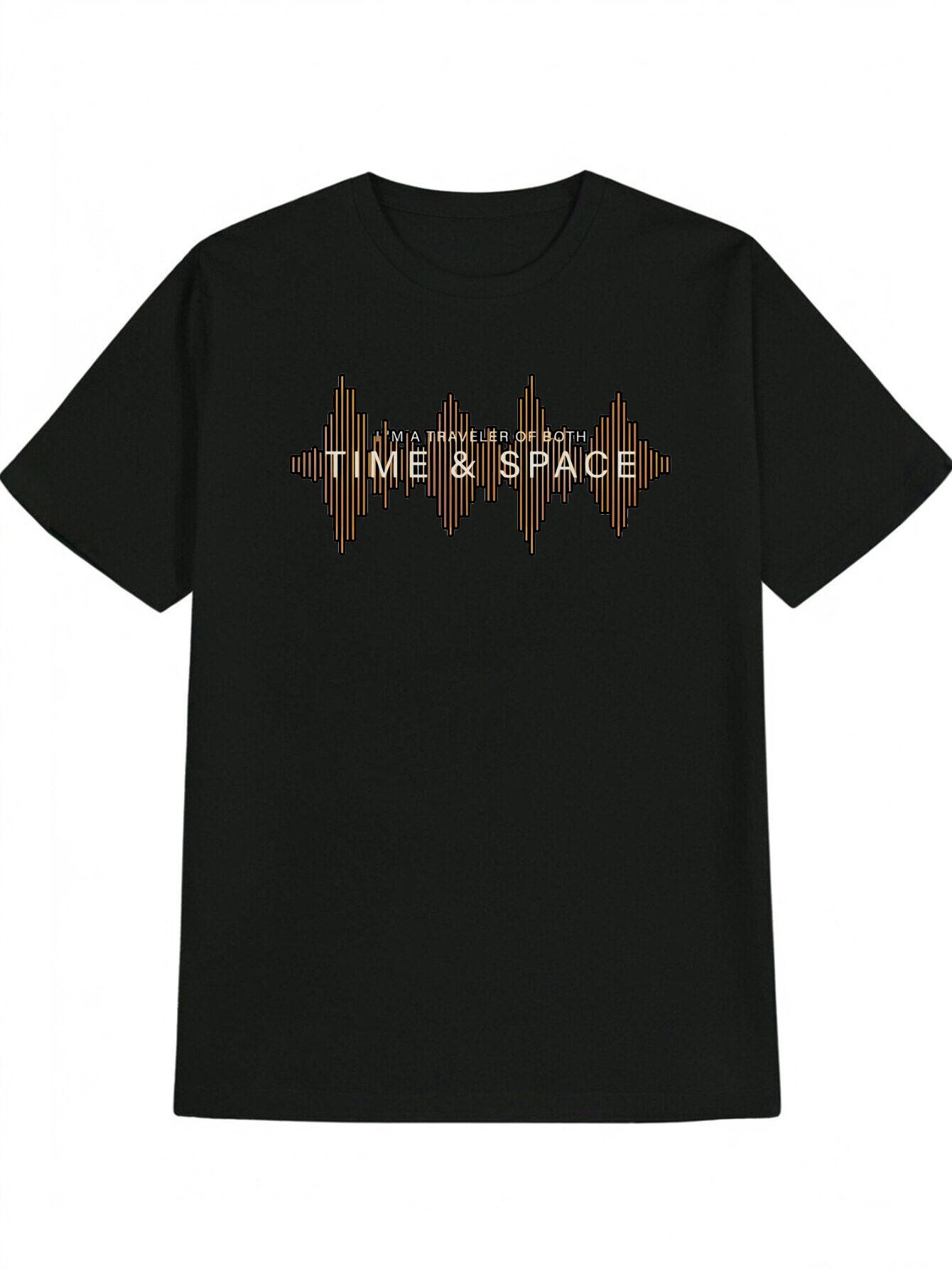 Casual Versatile Crew Neck T-shirt with Time & Space Audio Waveform Print L