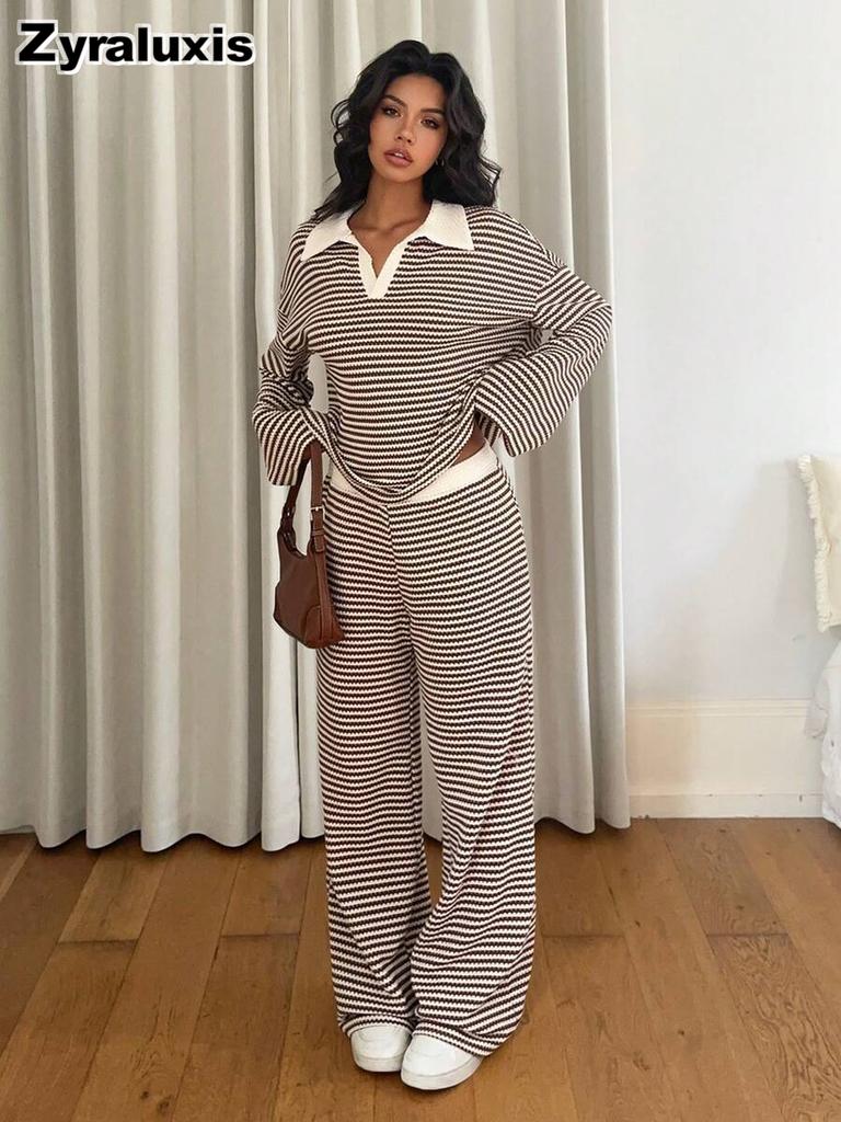 Fall Winter Striped Long Sleeve Wide Leg Pants Loungewear Set