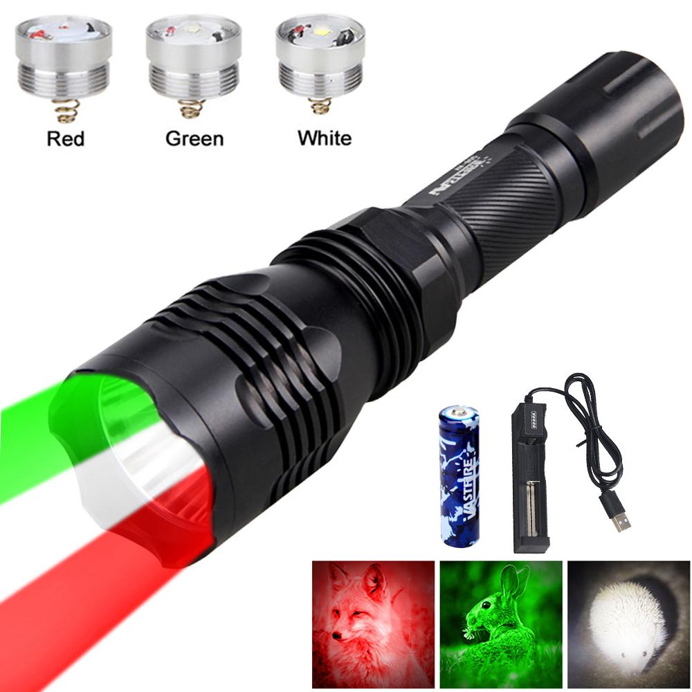 400 Yards Red&Green&White LED Hunting Flashlight Tactical Rifle Scope Mount Predator Torch for Coyote Hog Varmint Scout Light