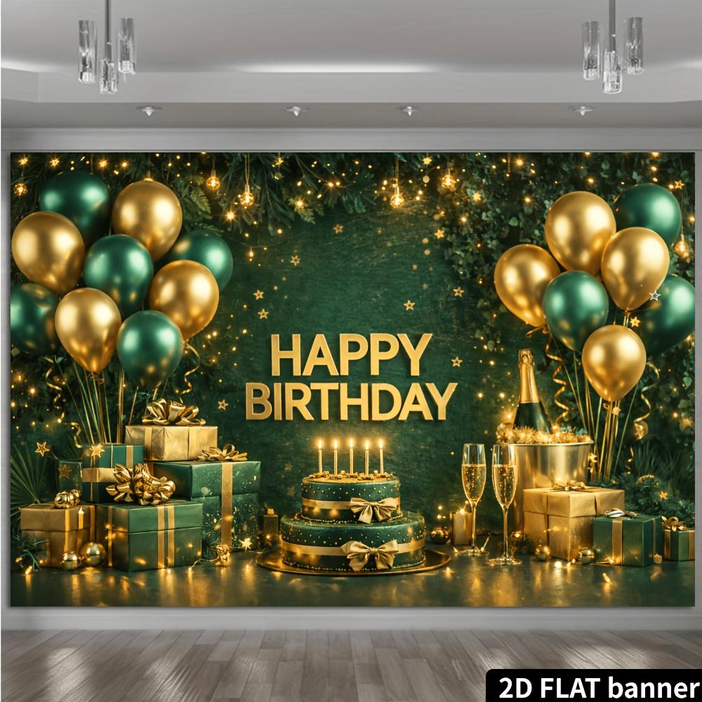 2D planar dark green birthday-themed background fabric with golden lettering design