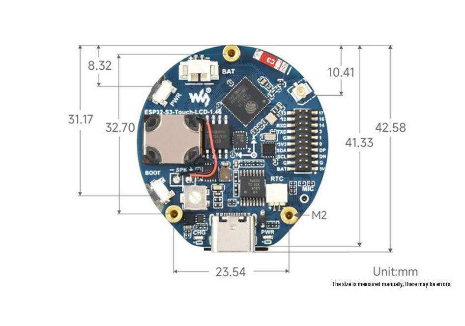ESP32-S3 Round 1.46" Touchscreen Dev Board with AI, WiFi, Bluetooth, and Audio Playback
