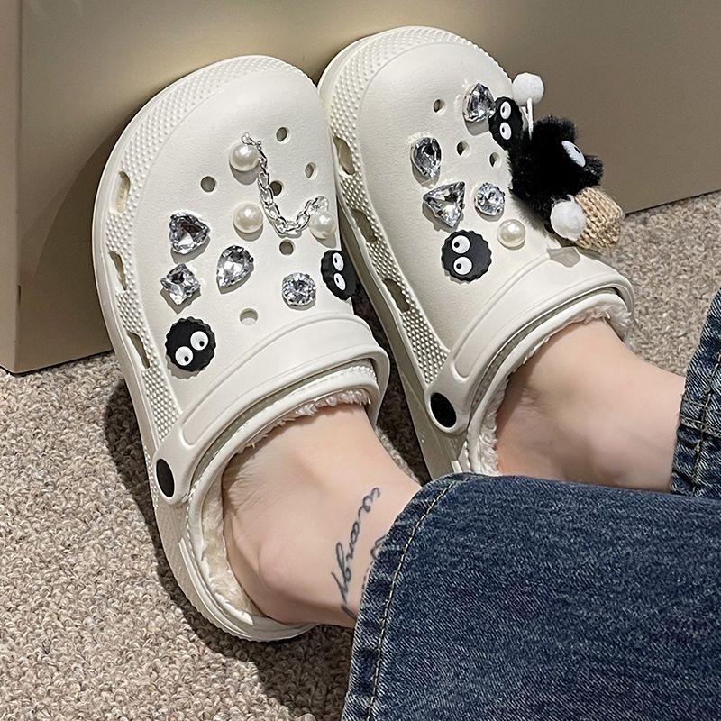Cotton Drag Hole Shoes Women's Autumn and Winter New Cute Little Briquettes Outer Wear Thick Sole Warm Velvet DIY Winter