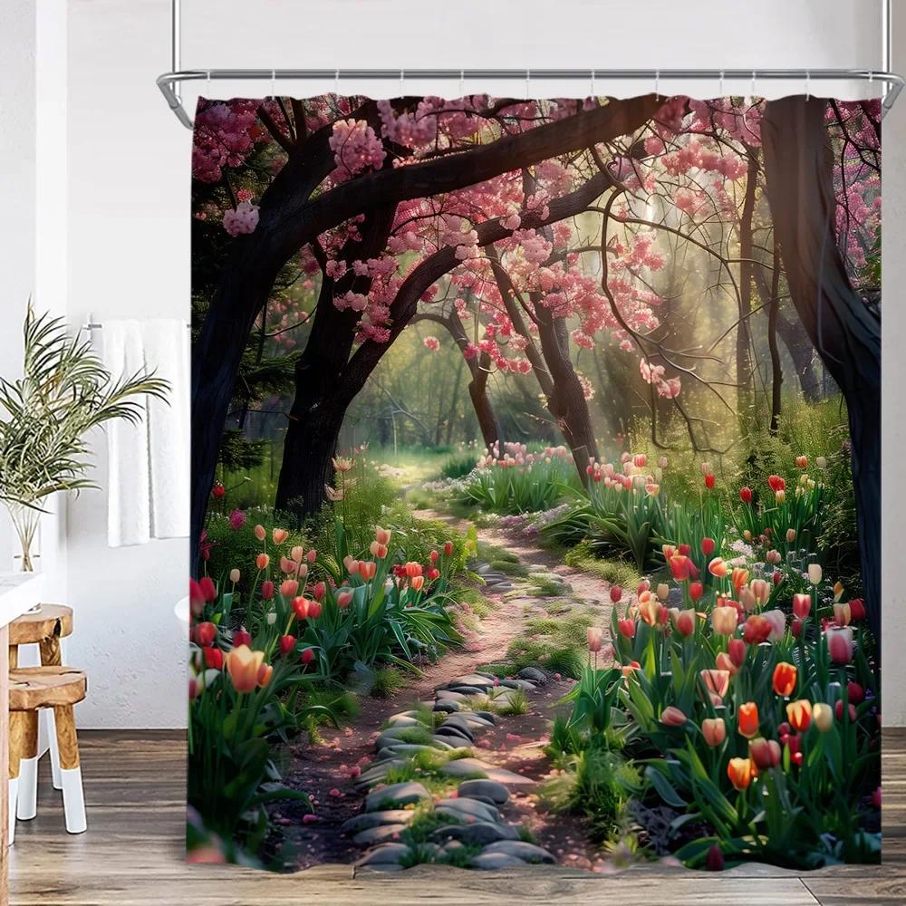 Modern Garden Landscape Shower Curtain Flower Plant Courtyard Bathroom Decoration Polyester Fabric Bathtub Shower Curtain