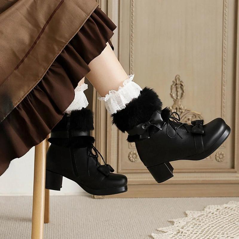 Women's Bow Ankle Boots Cute Kawaii Round Toe Chunky Heel Platform Booties Cosplay Comfy Gothic Shoes Big Size 44