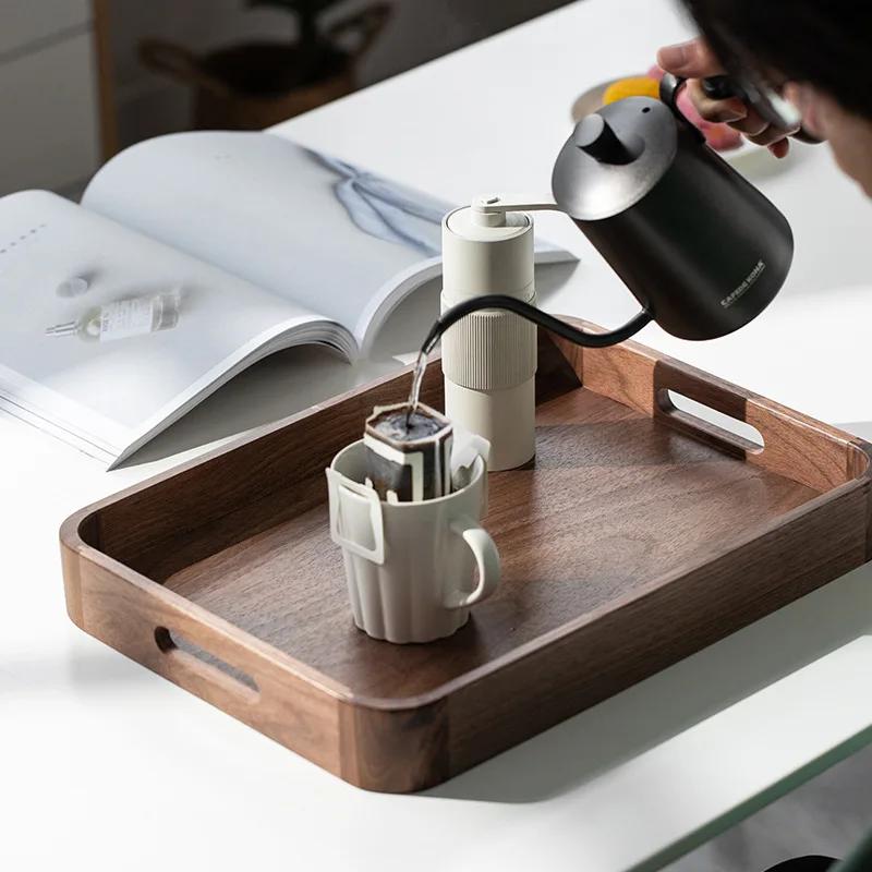HeMu-Black Walnut Mortise and Tenon, Rounded Corner Tray, Square Handheld Solid Wood Tray, Hotel Home Fruit Tray, High Quality