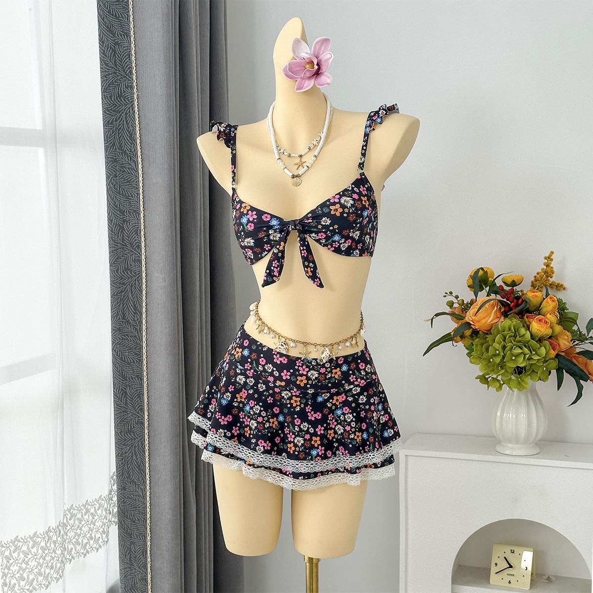 European and American New Floral Lotus Leaf Edge Sling Small Fresh Split Swimsuit Bikini Beach Vacation 2026 S