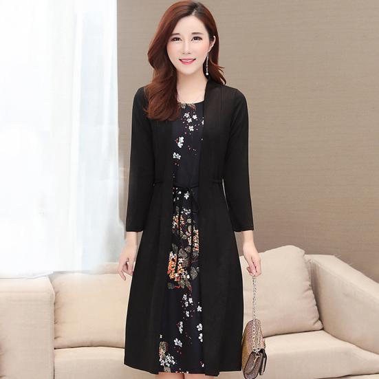 Sukienka z dekoltem O, długim rękawem, sznurowana w talii, dopasowana, elegancka, z nadrukiem w kwiaty, imitacja dwuczęściowego kardiganu, sukienka midi, odzież damska