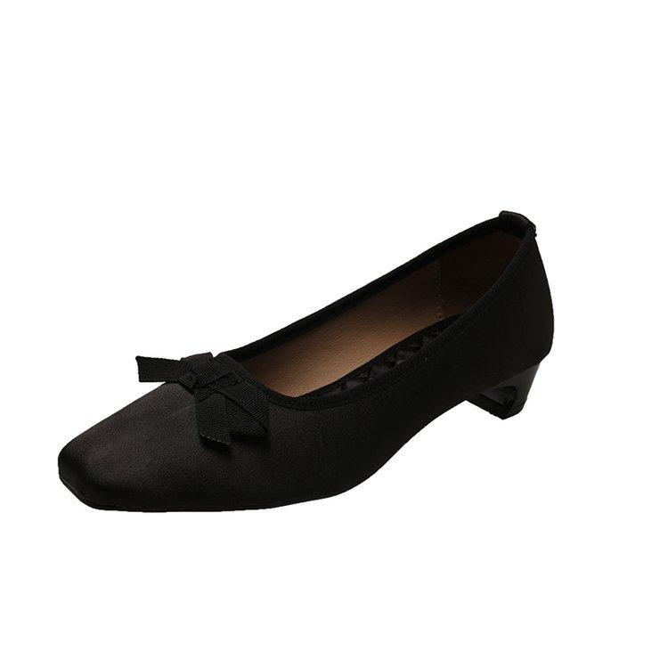 

Французские ретро атласные туфли с квадратным носком, женские, весна-лето 2025, новые, с открытым верхом, с бантом, вечерние, на толстом каблуке, балетки 35 чёрный