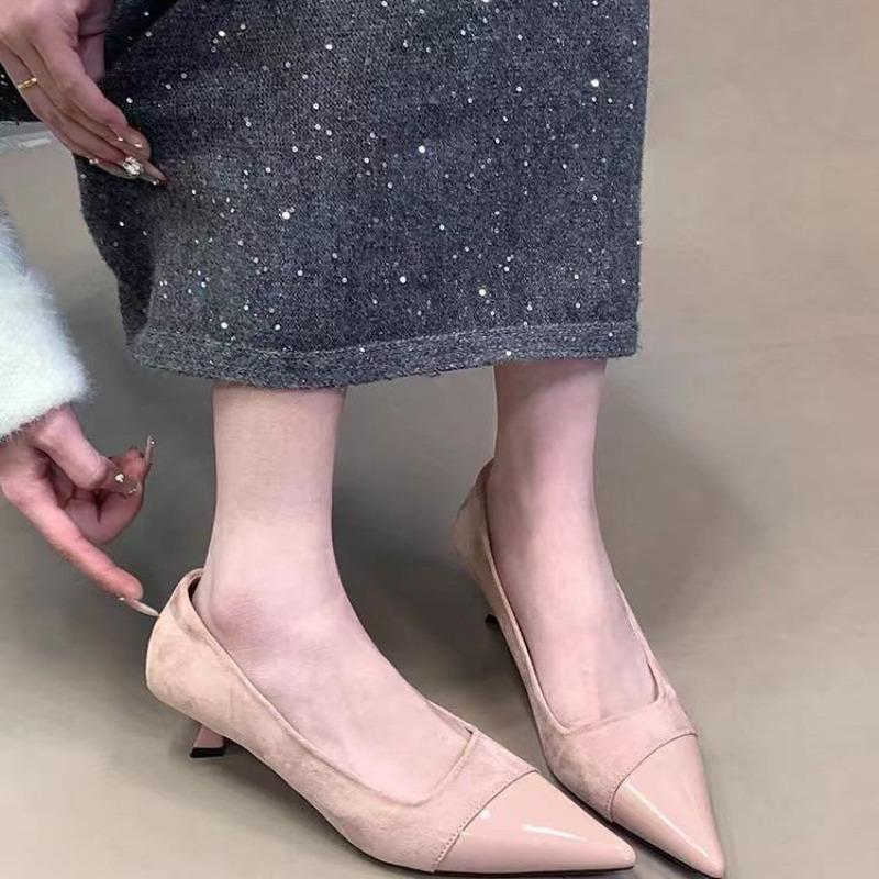 Fashion Summer Low Top Fine Heel Shoes Women Fashion Pointy Splicing Monochrome Cow Suede Slip-on Heel Shoes