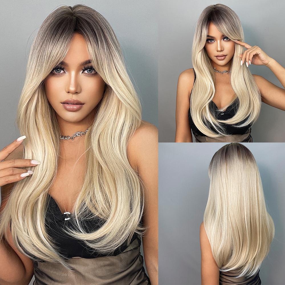 Long Natural Wavy Platinum Blonde Wigs with Bangs Cosplay Party Lolita Synthetic Wigs for Women Heat Resistant Fiber
