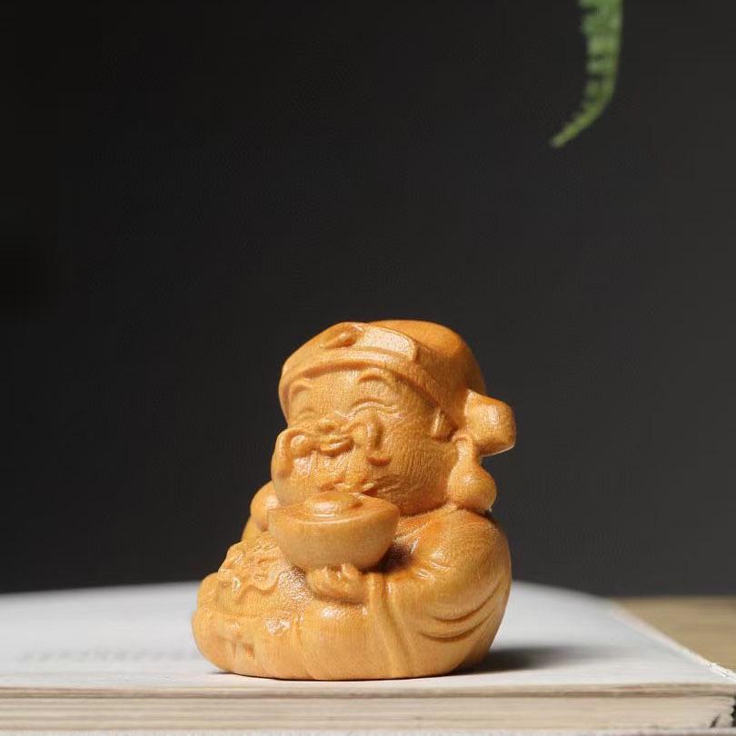 God of Wealth Solid Wood Sandalwood Carving Ornament – Handheld Creative Cultural Decor