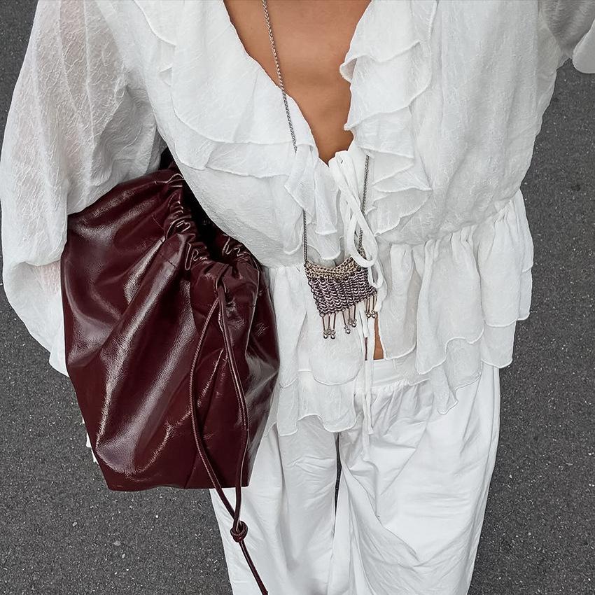 French Shirt Design Sense Niche Sweet Temperament Elegant Waist Cascade Ruffle Edge V-neck Long-sleeved Top Women