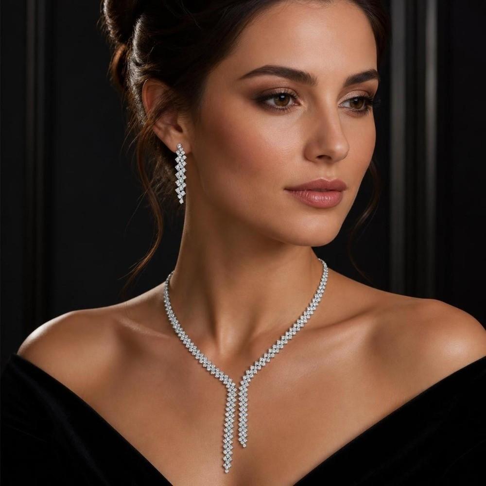 Rhinestone Stud Earrings Luxury Neck Chain Trend Necklace Earrings Set  for Women
