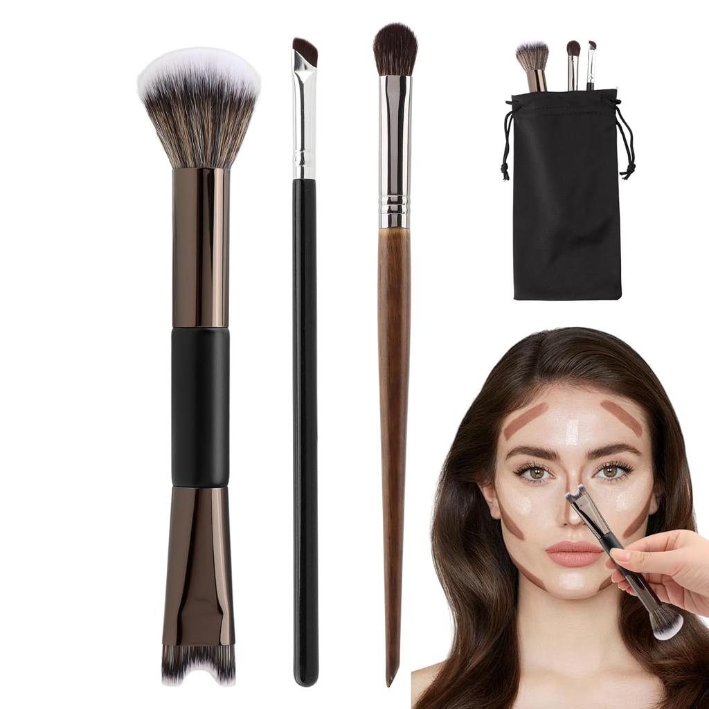 3Pcs Nose Contour Brushes,2-In-1 U-Shaped Brush and Eyeshadow Brushes & Angled Tilt Brush,Make-up Brushes Set for Nose-Sculpting and Defining,for