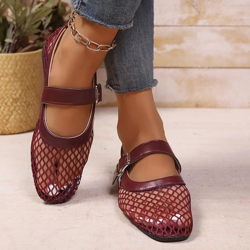 Fashion Mesh Breathable Single Shoes Autumn New Round Toe Shallow Mouth Metal Buckle One Strap Soft Sole Non-slip Low Heel Shoes