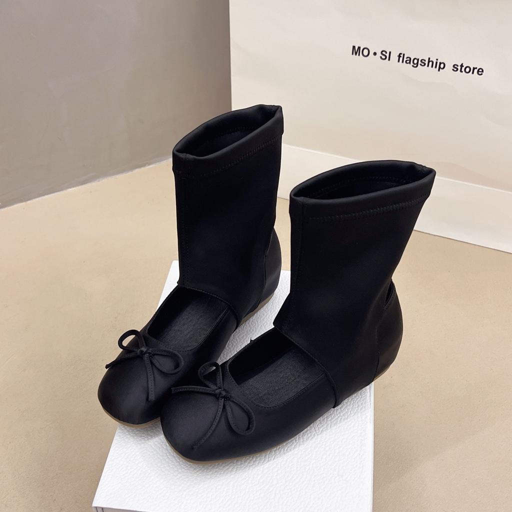 Korean niche ballet cool boots women's 2025 summer new round head bow short boots hollow western pile boots