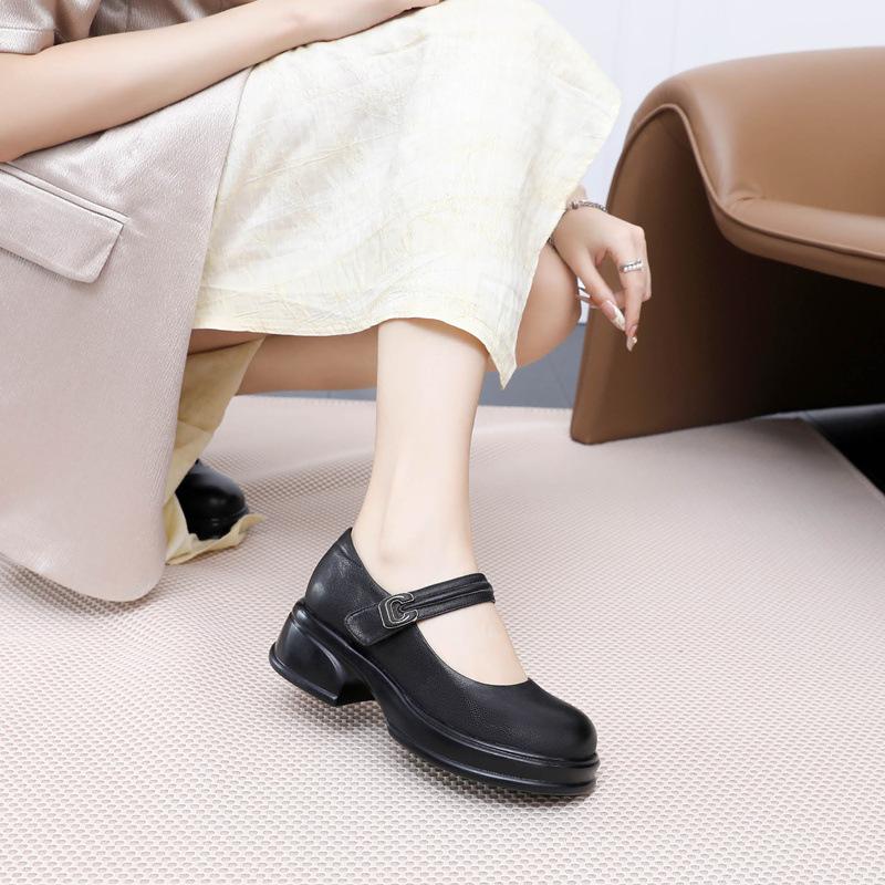 New Thick-soled Leather Shoes for Women with Large-size Thick-heeled Loafers Shallow Mouth Mary Zhen Women's Singles Shoes