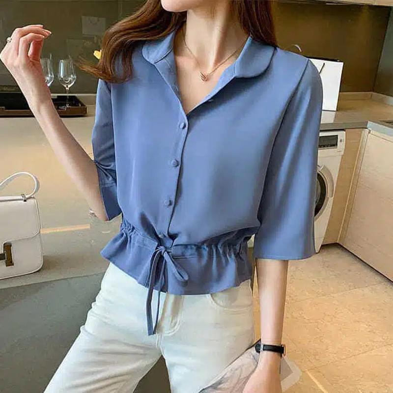 Spring Summer Women's Versatile Solid Color Turn-down Collar Half Sleeve Chiffon Shirts Casual Shirring Single-breasted Blouses