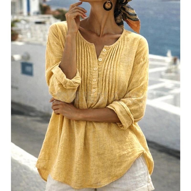 Loose Cotton Linen Long Sleeve Pleated Round Neck Plus Size Women S Shirt