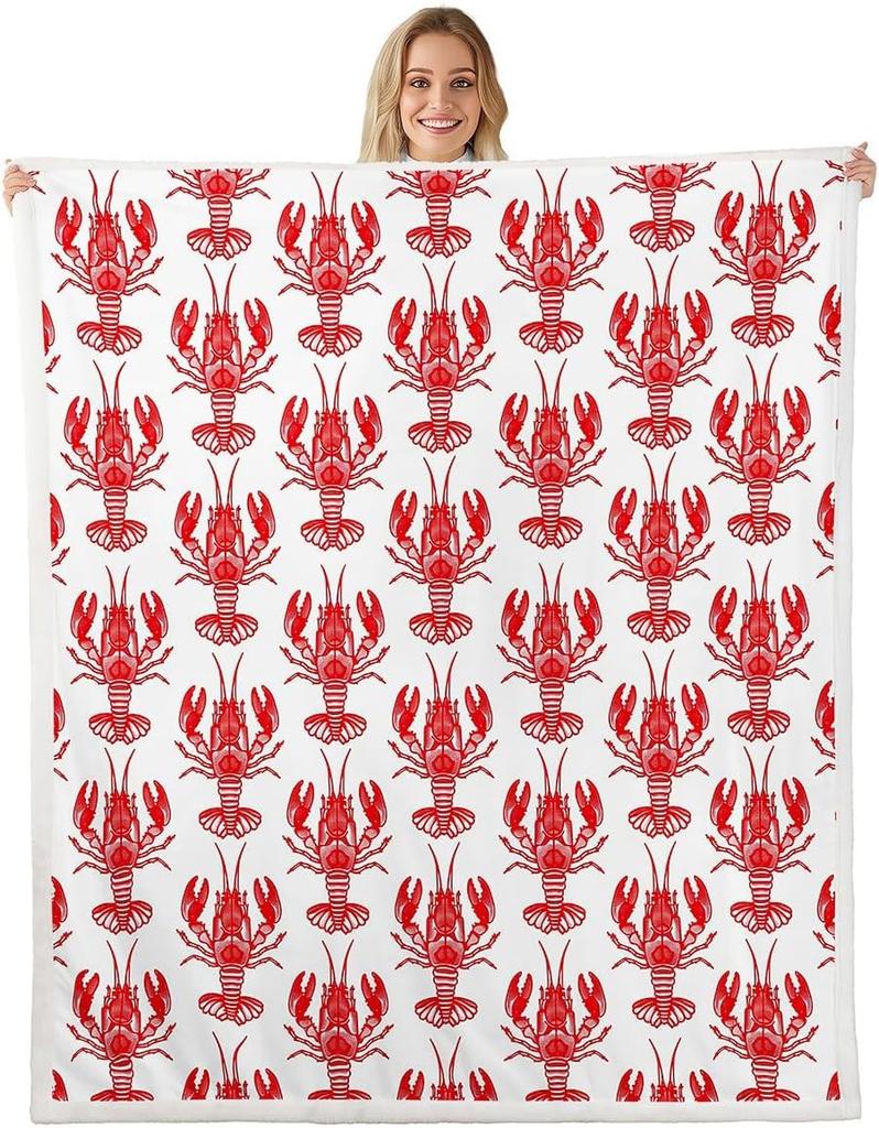 Red Lobster Pattern Blanket Soft Fleece Throw Seafood Theme Decor Fun Gift for Kitchen Living Room Bedroom