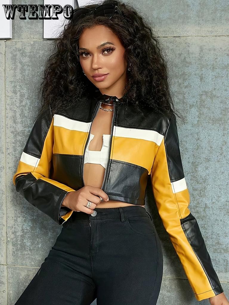 Damen-Bikerjacke mit Farbblockdesign, eleganter Stil, modische Motorradjacke für Damen im Herbst und Winter