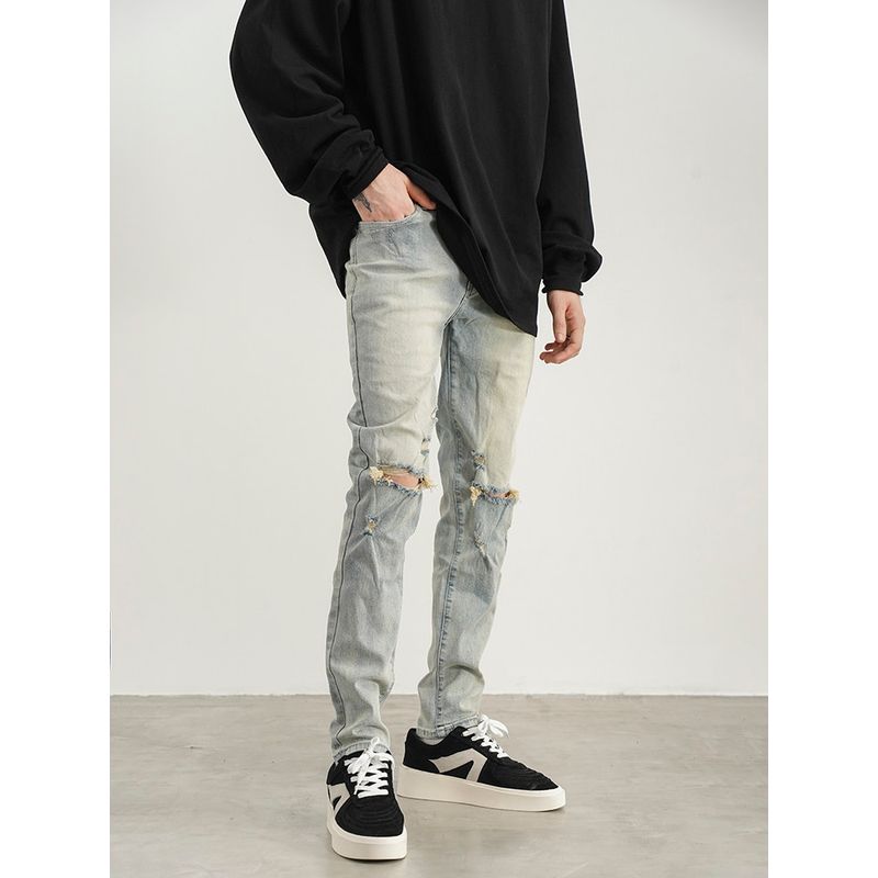 European and American High Street Style Ripped Distressed Washed Yellow Slim Fit Skinny Jeans Exit National Trend Hip-Hop Slimming Long Pants