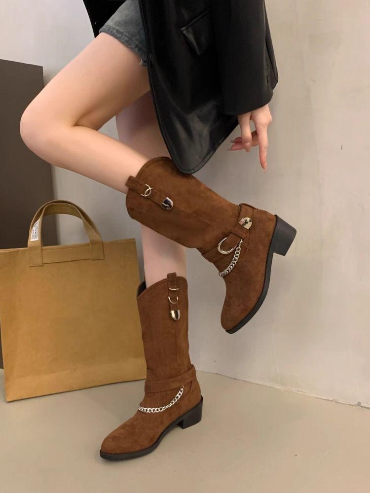 Fashion New in Sale Chain Belt Buckle Pointed Toe Mid Calf Shoes Woman Trend 2025 Chic and Elegant Gyaru 39 Half High Boots for Women