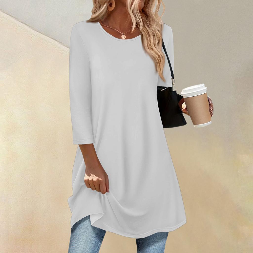 Women's Fashion Casual Three-quarter Sleeve Long Solid Color Round Neck Top