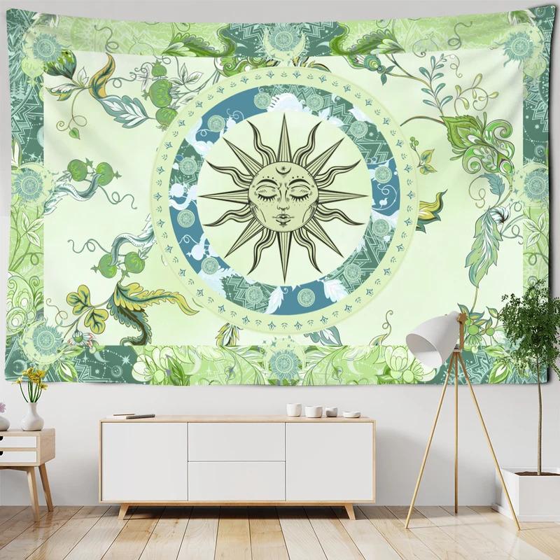 VIKAMA Fresh Green Sun God Tapestry BohemianStyle Bedroom Headboard Decorative Backdrop Room Decoration