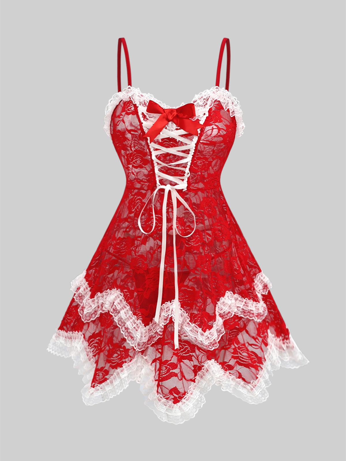 Rosegal Plus Size Bowknot Lace-up РђСЃРёРјРјРµС‚СЂРёС‡РЅС‹Р№ С†РІРµС‚РѕС‡РЅС‹Р№ РєСЂСѓР¶РµРІРЅРѕР№ РєРѕРјРїР»РµРєС‚ РЅРёР¶РЅРµРіРѕ Р±РµР»СЊСЏ Babydoll СЃ Рў-РѕР±СЂР°Р·РЅРѕР№ СЃРїРёРЅРєРѕР№ L