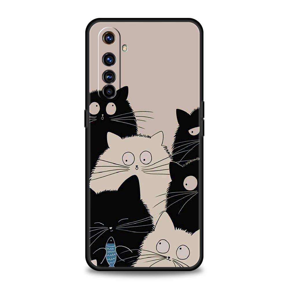 Cartoon Cat Phone Case For Realme 12 11 10 6 7 9 Pro Plus 8 5G C35 8i 9i GT2 GT3 GT5 GT Neo 2 3 5 Black Cover Soft Shell