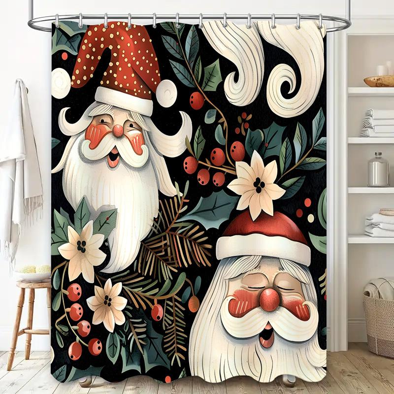 Xmas Santa Claus Christmas Shower Curtain with Floral Design, Polyester Waterproof Bathroom Decorative Fabric, Perfect for Holid