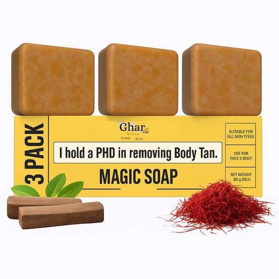 

Fujino Apne Ghar Мыло Сандаловое дерево и Шафран Магическое мыло для ванны (100 грамм) | Осветляющее мыло для кожи для мужчин и женщин (Пакет из 3)