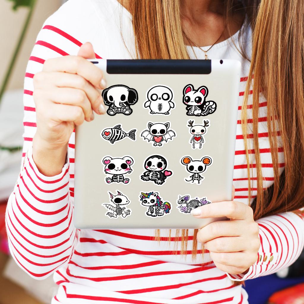 50PCS Cartoon Skeleton Animal Stickers, Cute Skull Decals for Notebook Journal DIY, Waterproof Decoration