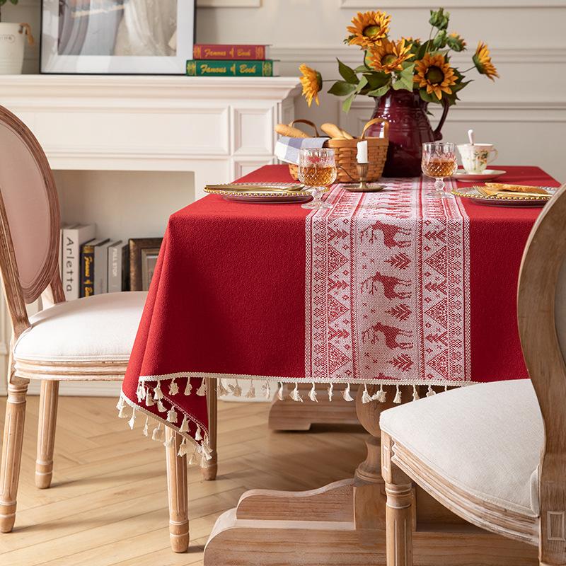 Red Wedding Festive Christmas Day Jacquard Retro Fringed Tablecloth Coffee Table Cloth Dining Table Cloth Cover Towel