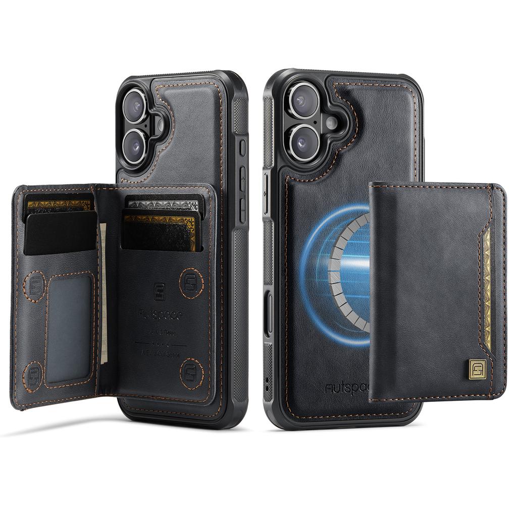 For iPhone 16 Case AUTSPACE A13 Vintage Leather Back Cover with Magnetic Detachable Card Bag
