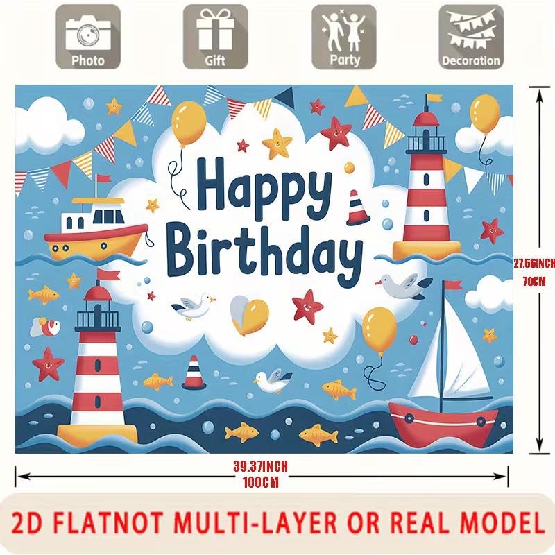 2D Ocean Nautical Birthday Backdrop Banner Cartoon Sea Theme Party Decoration