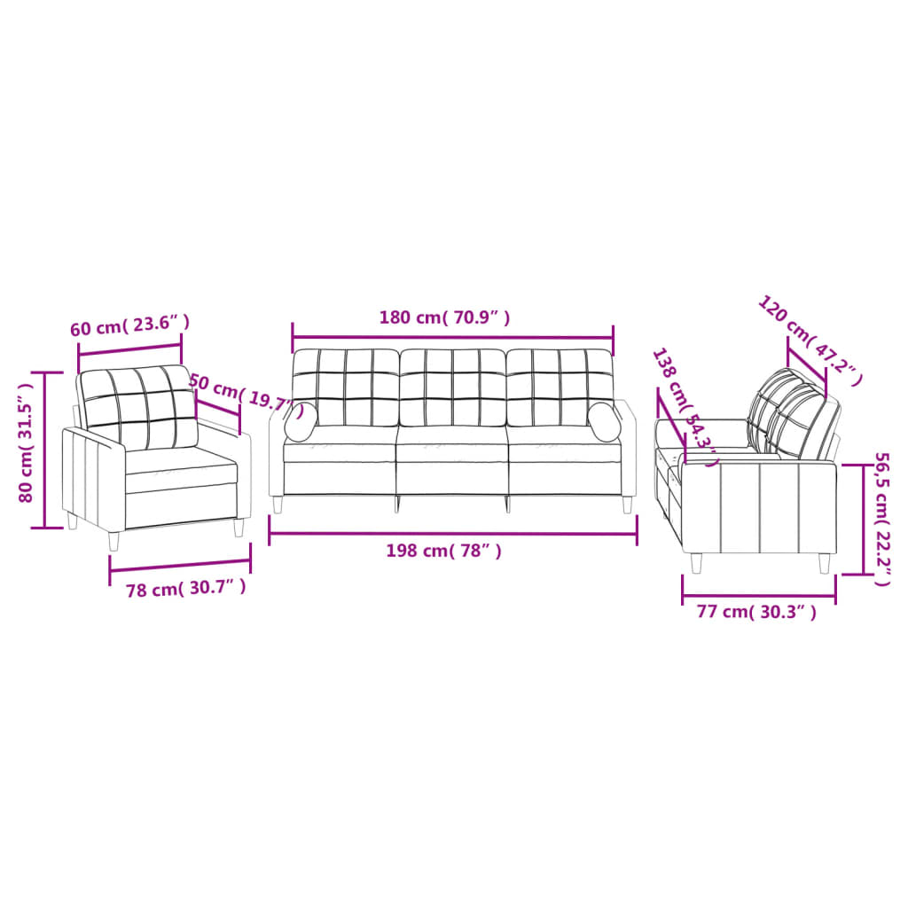 3 Piece Sofa Set with Cushions Cream Fabric